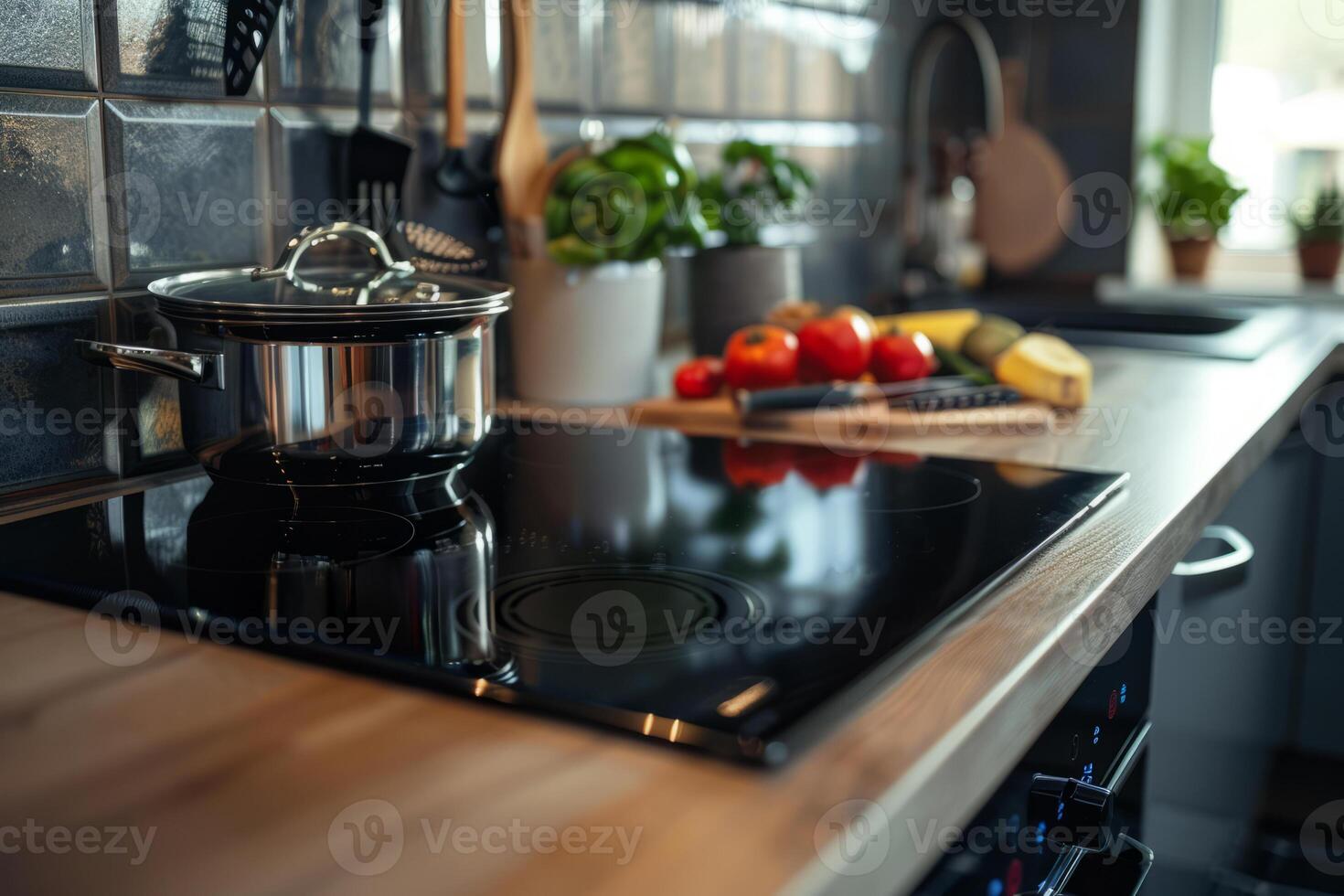 AI generated Modern black induction stove in kitchen interior. Contemporary home with modern interior. Generative AI photo