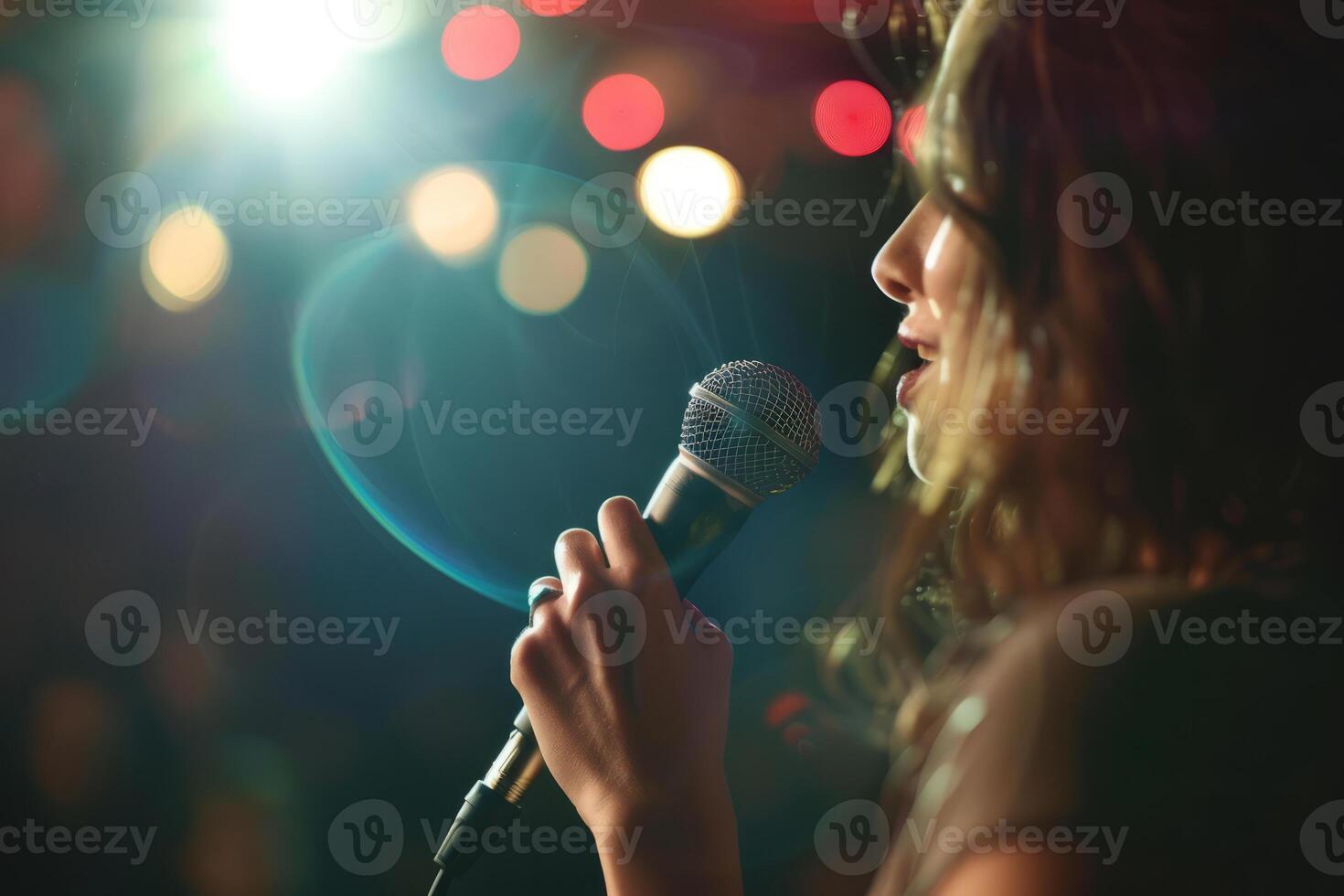 ai generado hembra cantante canto dentro un micrófono. vistoso bokeh luces en antecedentes. generativo ai foto