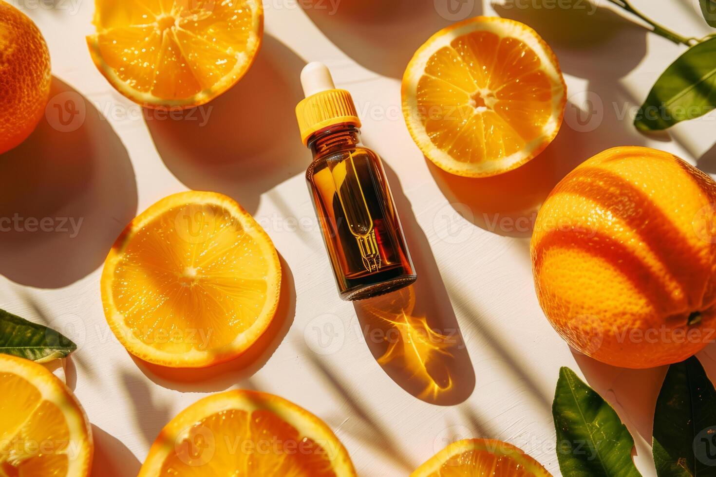 AI generated Bottle of orange essential oil with citrus slices. Generative AI photo