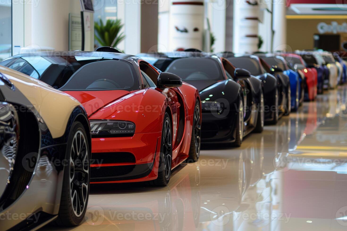 AI generated New cars in the showroom waiting for sale. Generative AI photo