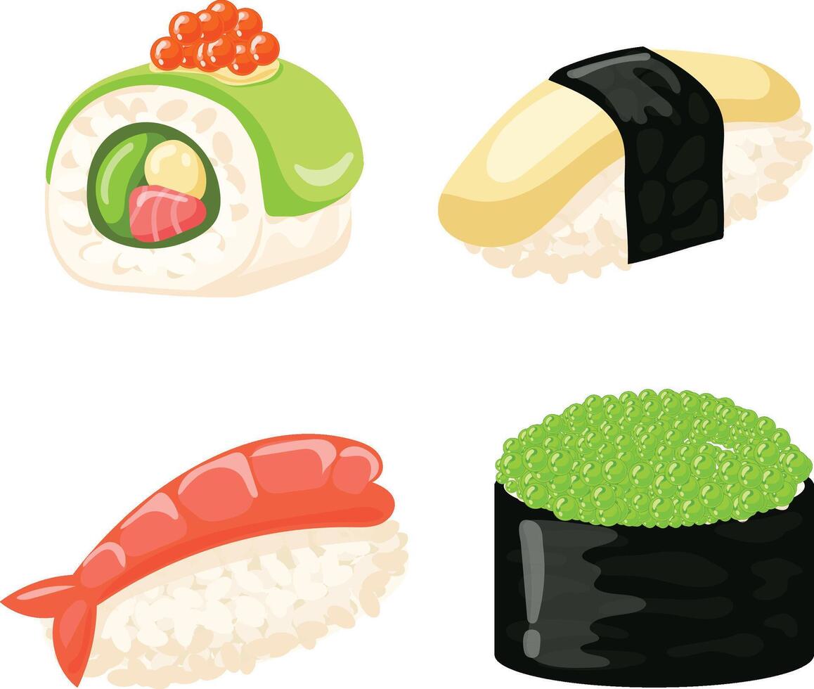 Sushi Rolls Elements Food, salmon, prawn, avocado, cream cheese. Sushi menu. Japanese food isolated on white Vector Illustration