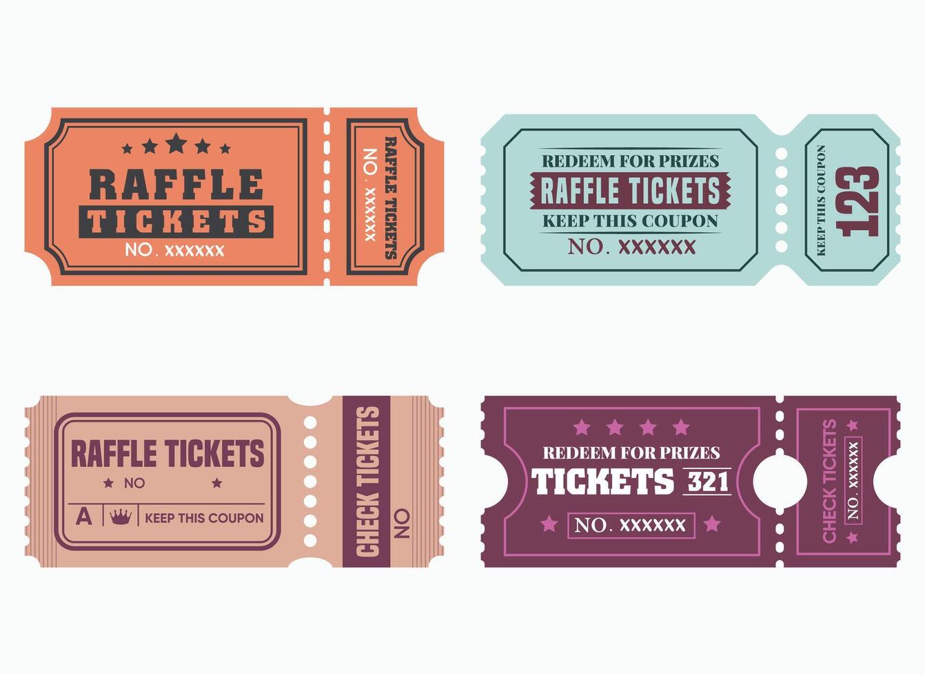 Ticket for cinema, movie, circus, theatre, film, festival, casino, club, music etc. Event admission, entrance pass set vector
