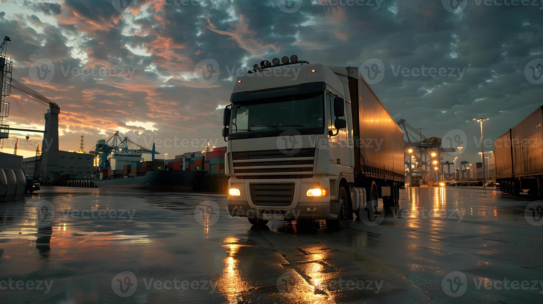 AI generated Truck trailer on the pier in the cargo port terminal with cranes and containers. AI Generated photo