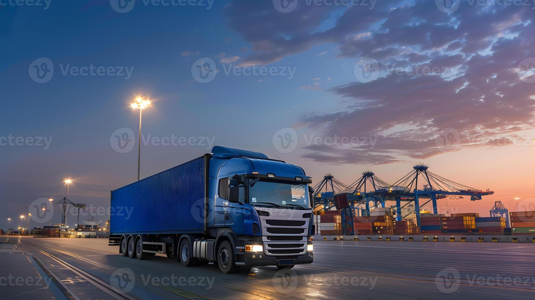 AI generated Truck trailer on the pier in the cargo port terminal with cranes and containers. AI Generated photo