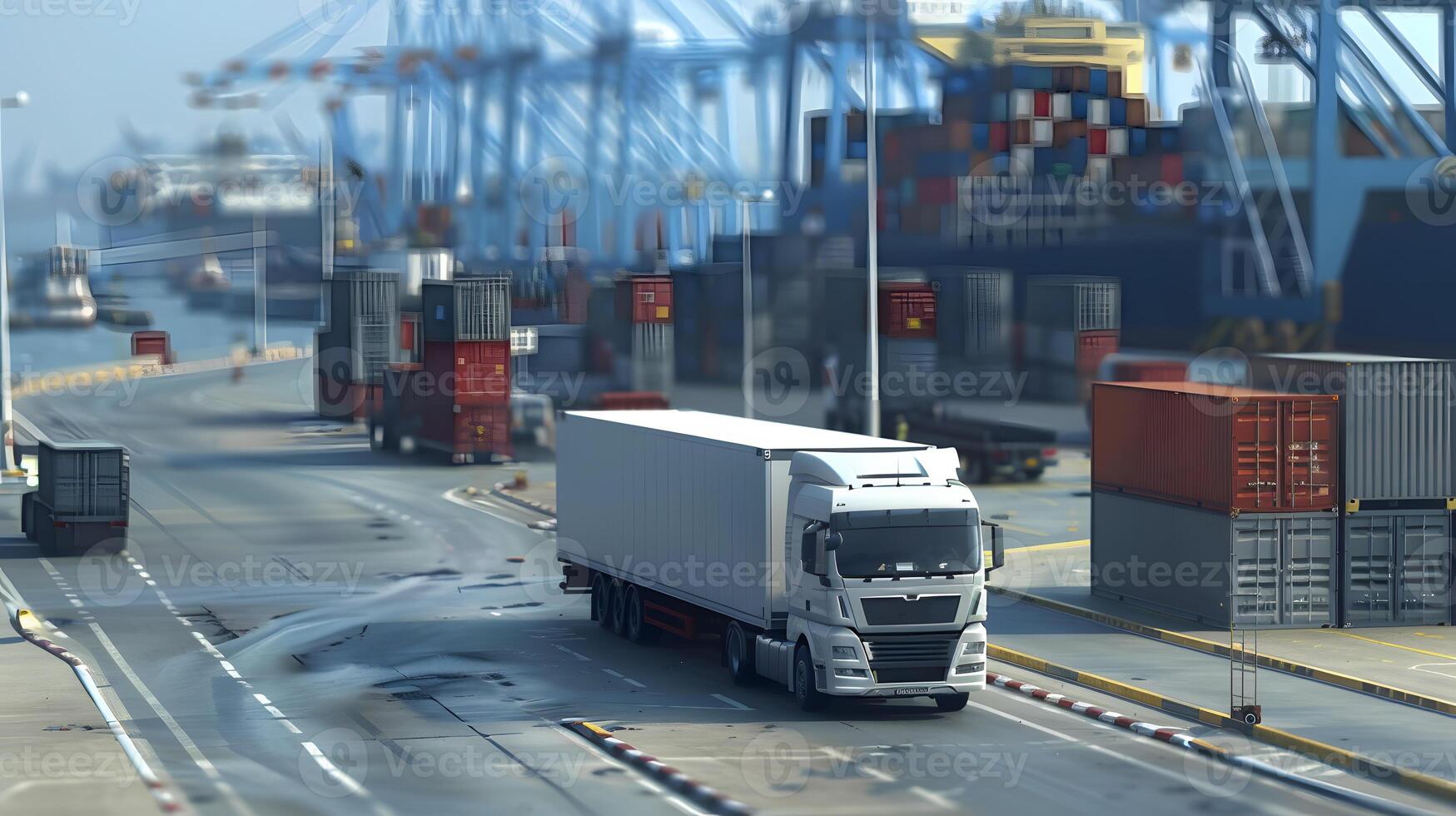 AI generated Truck trailer on the pier in the cargo port terminal with cranes and containers. AI Generated photo