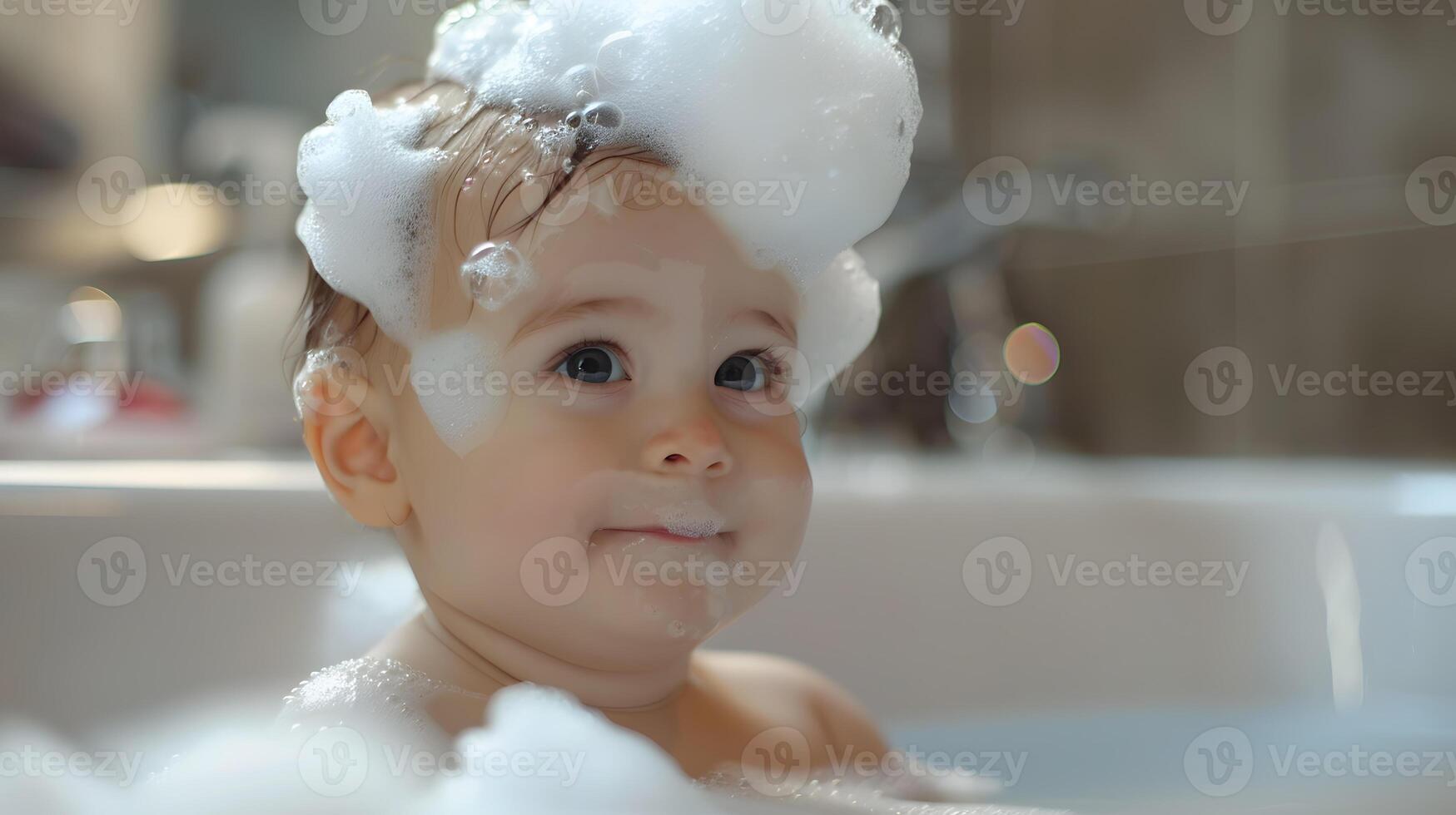 ai generado un linda pequeño niño con pequeño espuma en su cabeza. ai generado foto