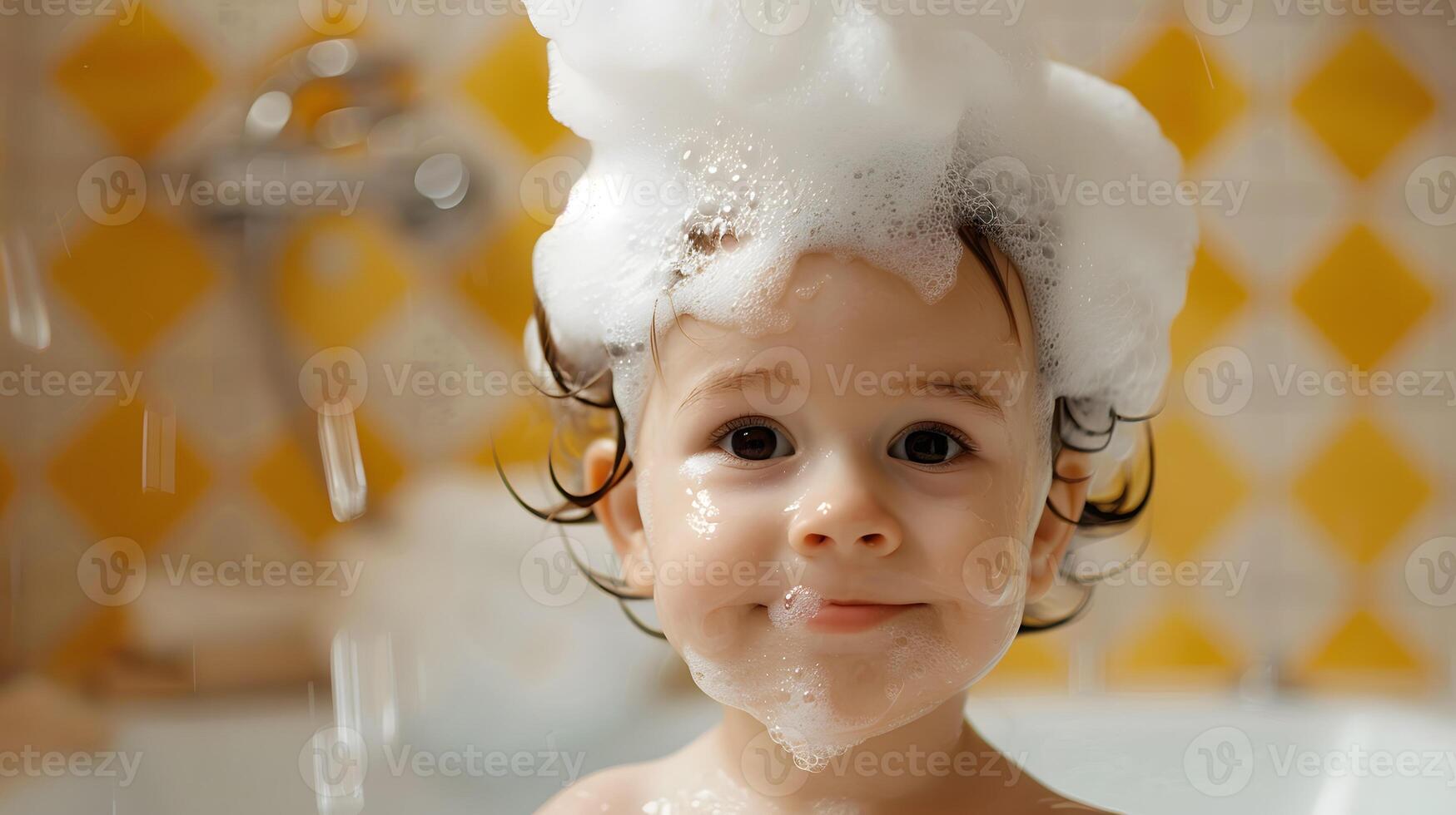 AI generated A cute little child with little foam on his head. AI Generated photo