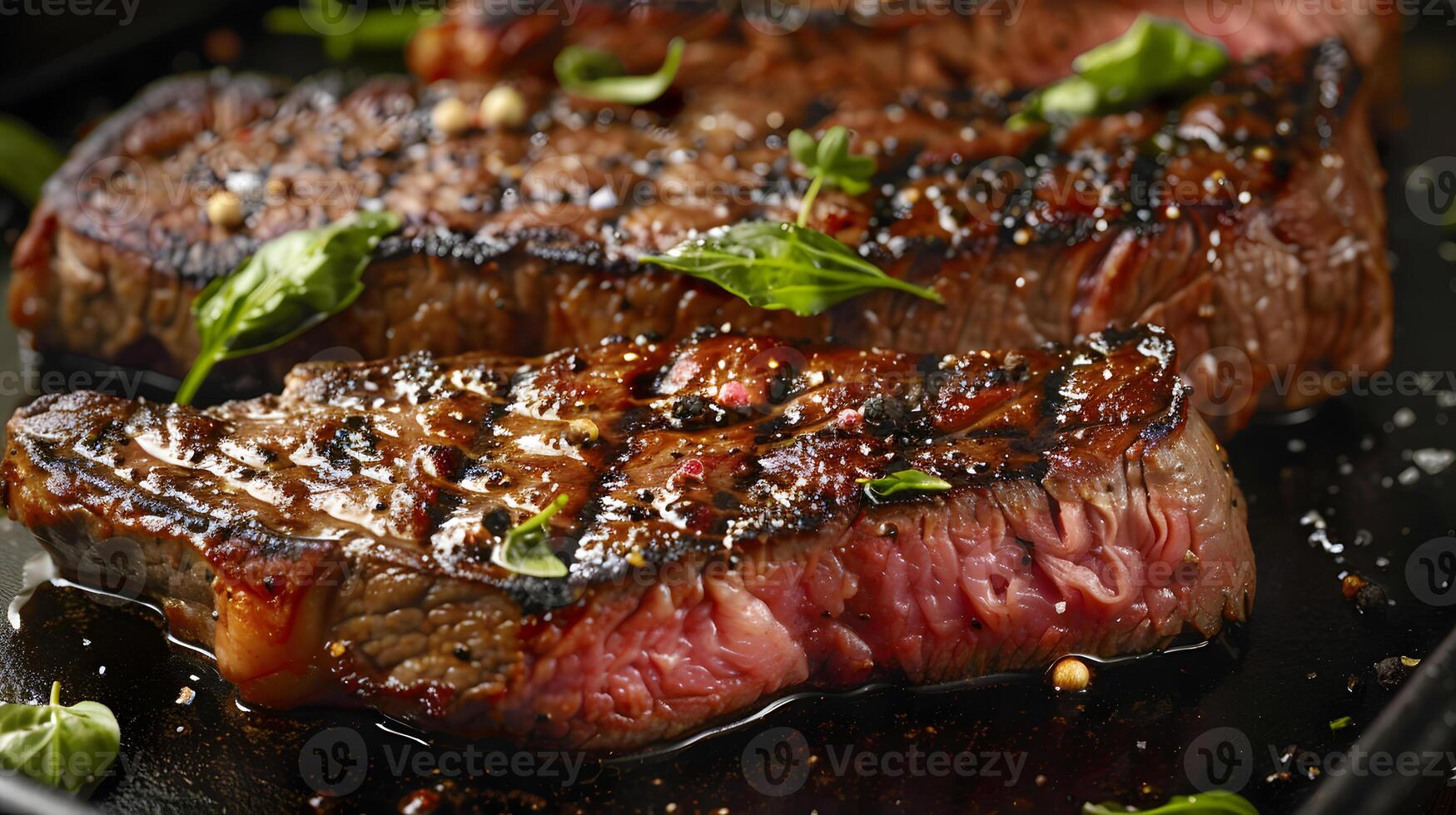 AI generated Fresh juicy delicious beef steak on a dark background. AI Generated photo