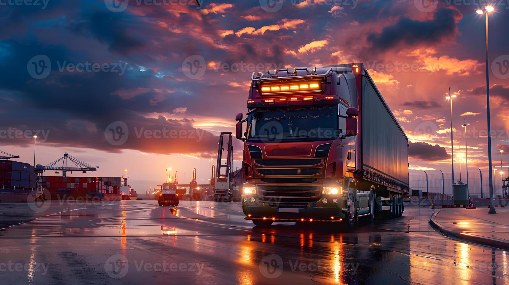 AI generated Truck trailer on the pier in the cargo port terminal with cranes and containers. AI Generated photo