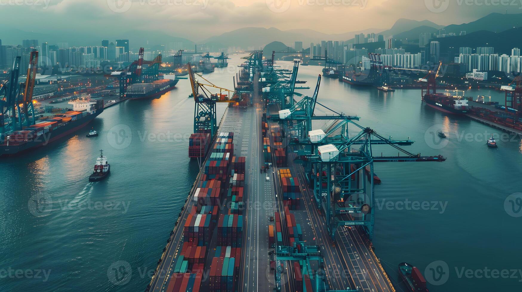 AI generated A ship for transporting cargo containers and also unloading it at the docks of a cargo port. AI Generated photo