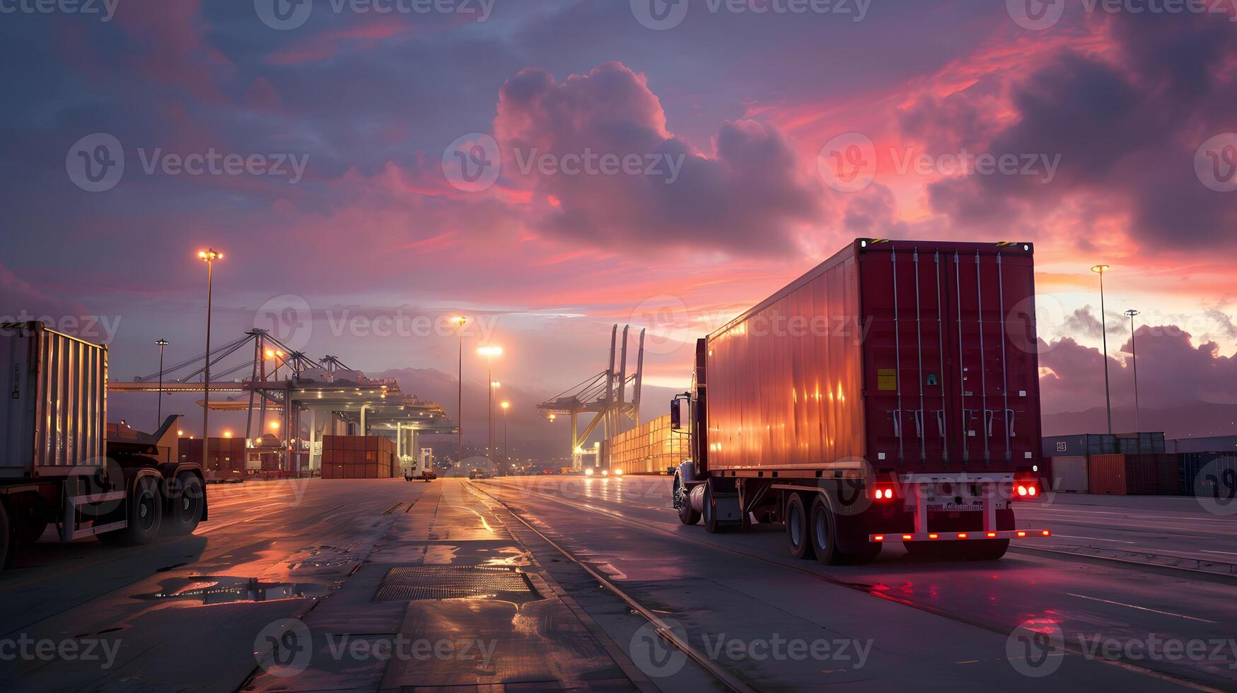 AI generated Truck trailer on the pier in the cargo port terminal with cranes and containers. AI Generated photo