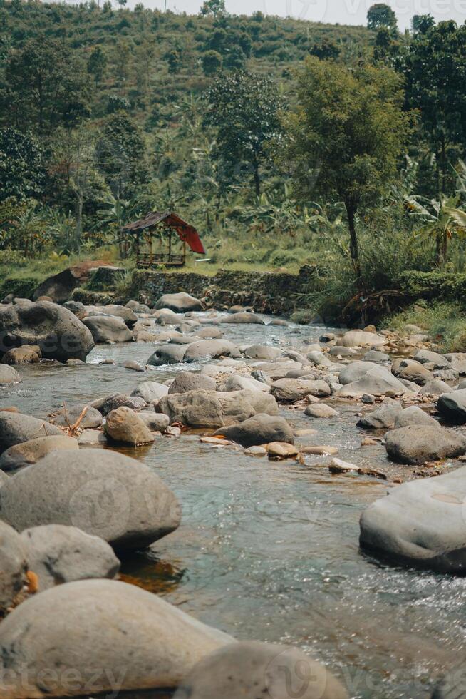 Refreshing Curug Sentul Clear River Flowing from Waterfall, Surrounded by Forests, Ideal for Nature Lovers photo