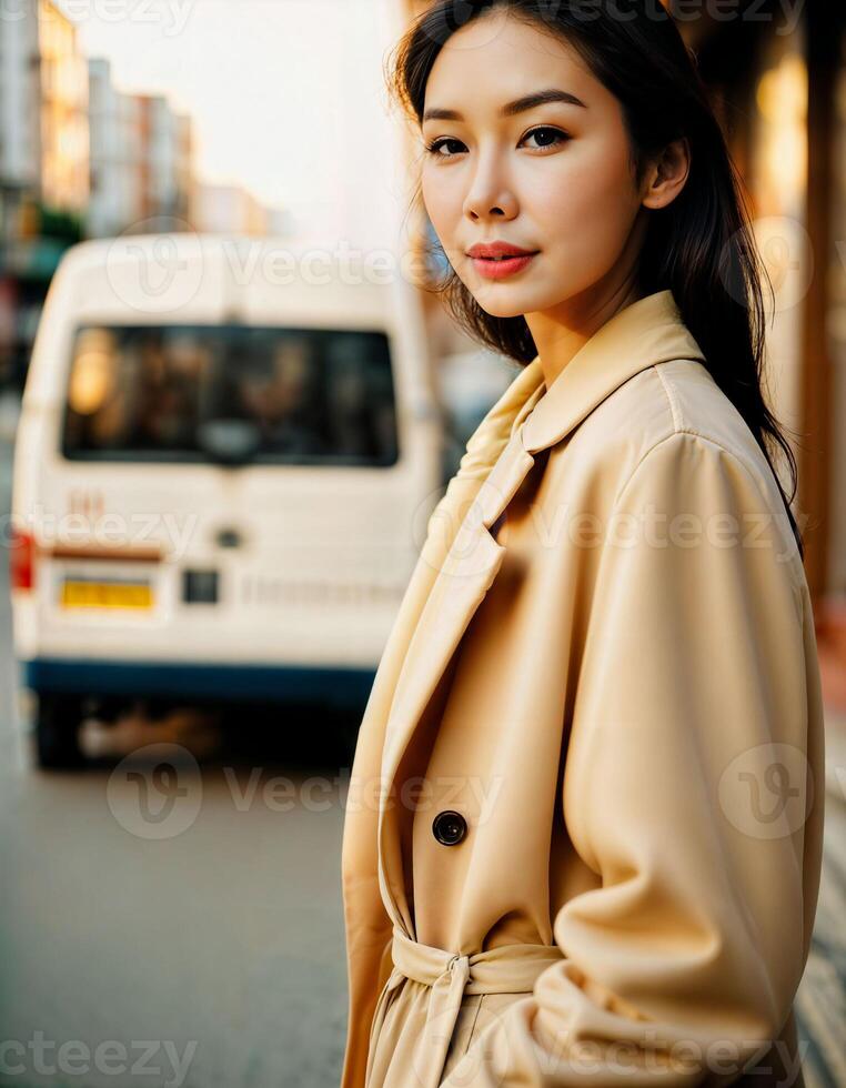 AI generated photo of beautiful asian woman with sunset light near truck and street pavement, generative AI