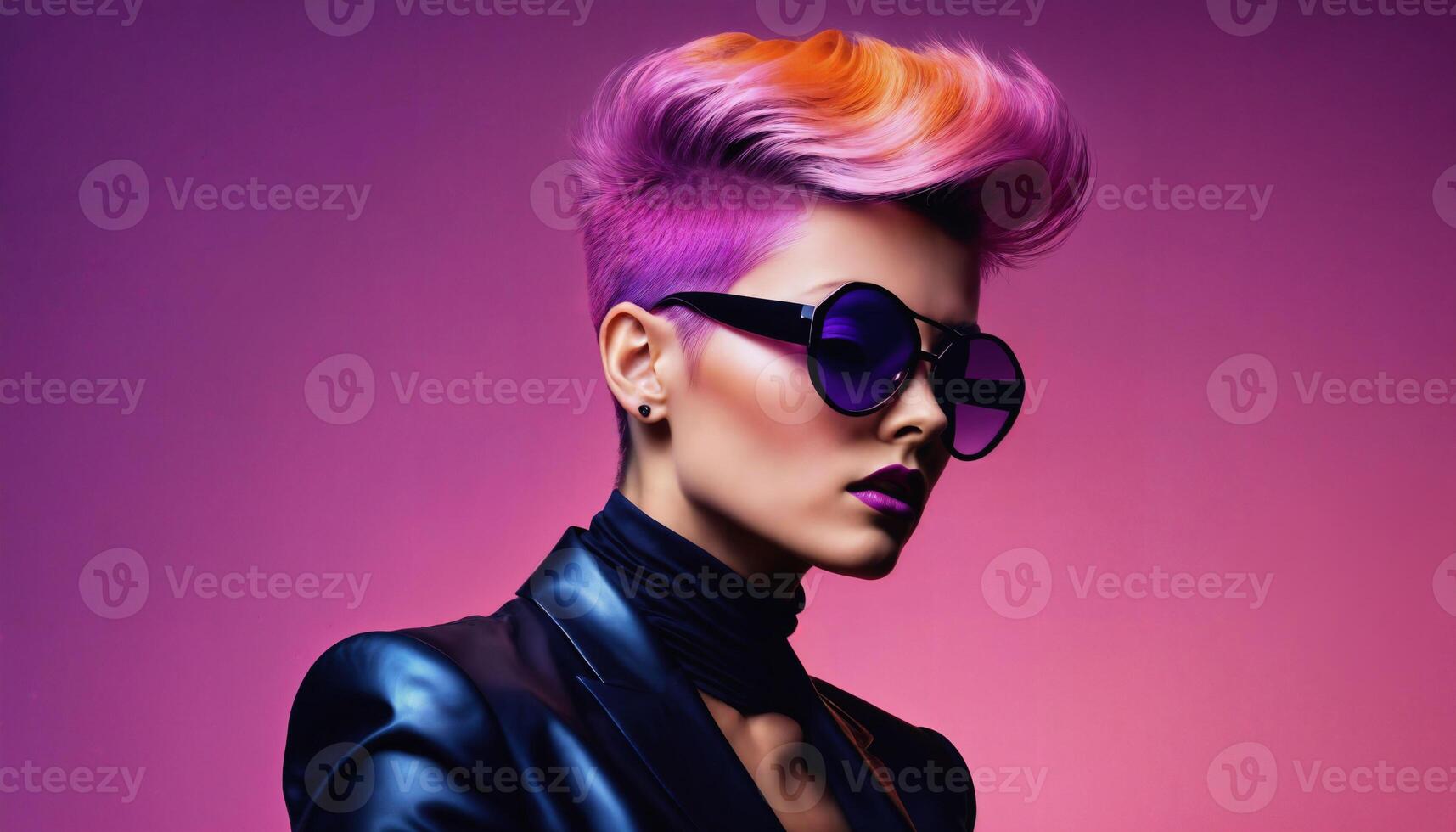AI generated photo of middle aged woman with glasses standing against pink background, generative AI