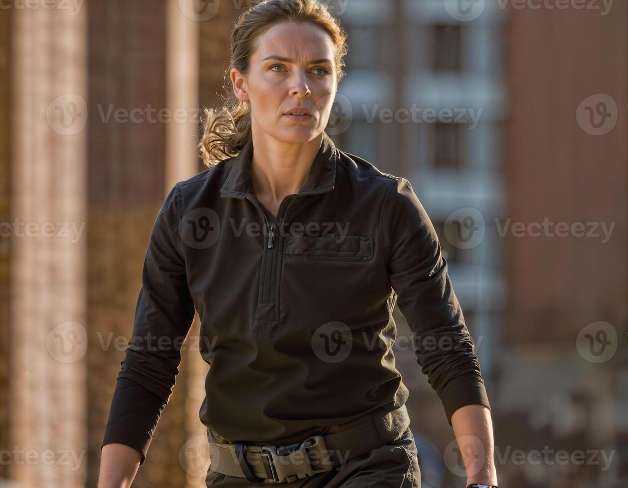 AI generated photo of beautiful woman as a undercover agent wearing black long sleeve shirt and tactical pant, generative AI