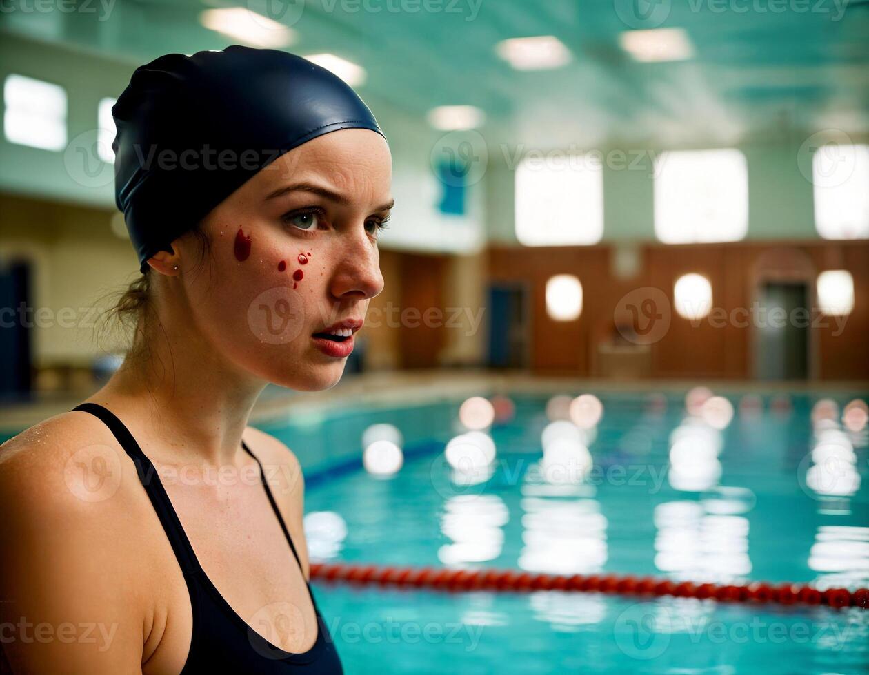 ai generado foto de hermosa enojado mujer como un nadador con herida y pequeño sangre a el interior nadando piscina, generativo ai