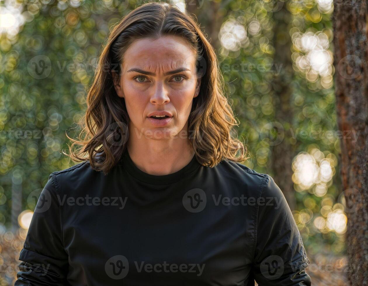 ai generado foto de hermosa mujer como un clandestino agente vistiendo negro largo manga camisa y táctico pantalón, generativo ai