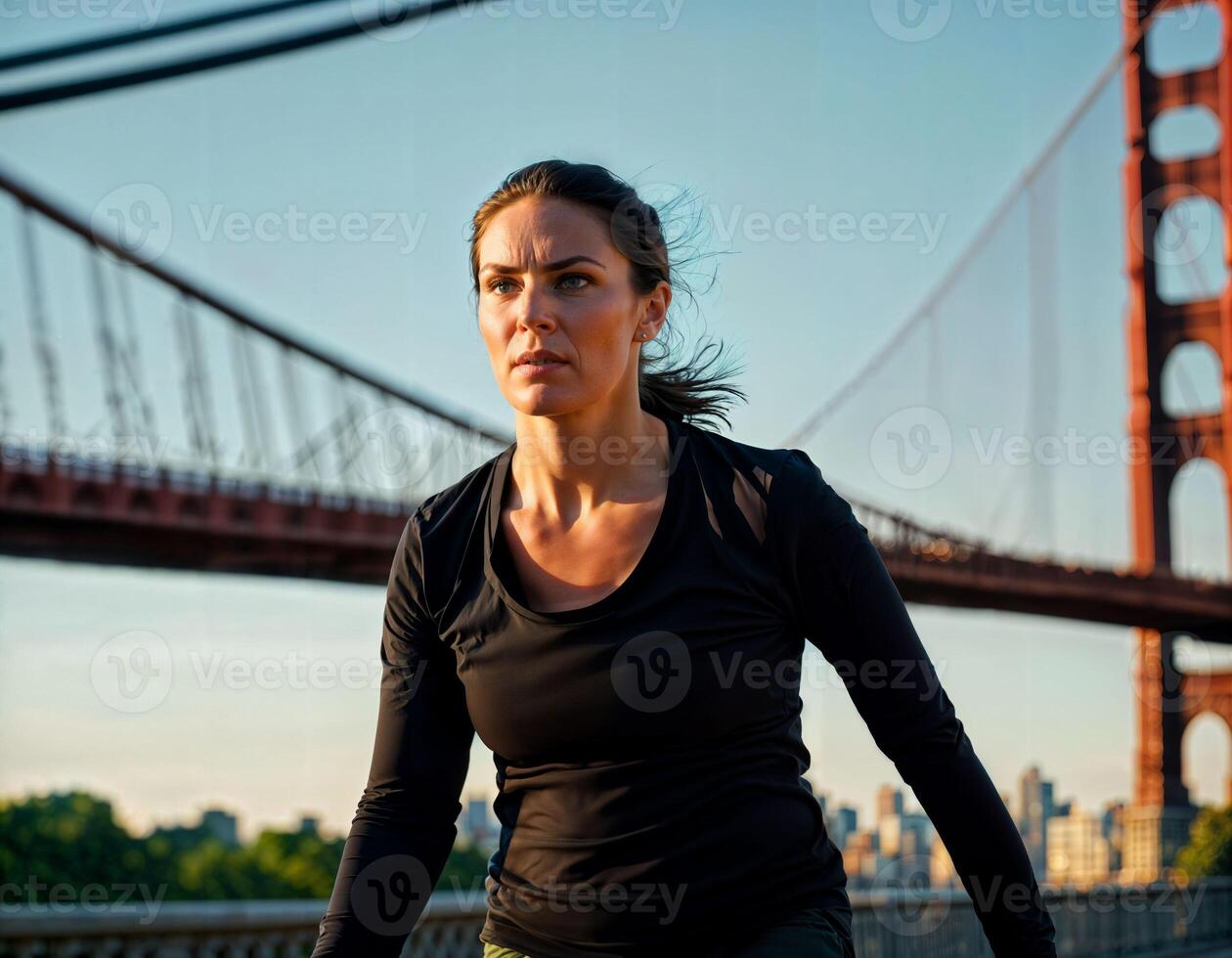 AI generated photo of beautiful woman as a undercover agent wearing black long sleeve shirt and tactical pant running in danger scene, generative AI