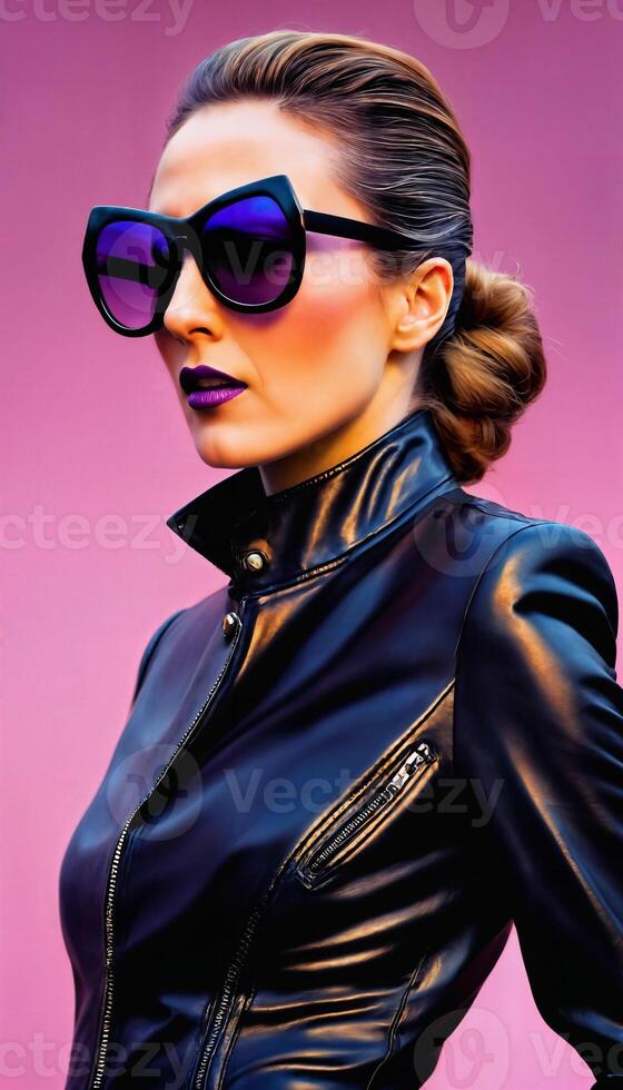 AI generated photo of middle aged woman with glasses and leather suit jacket standing against pink background, generative AI
