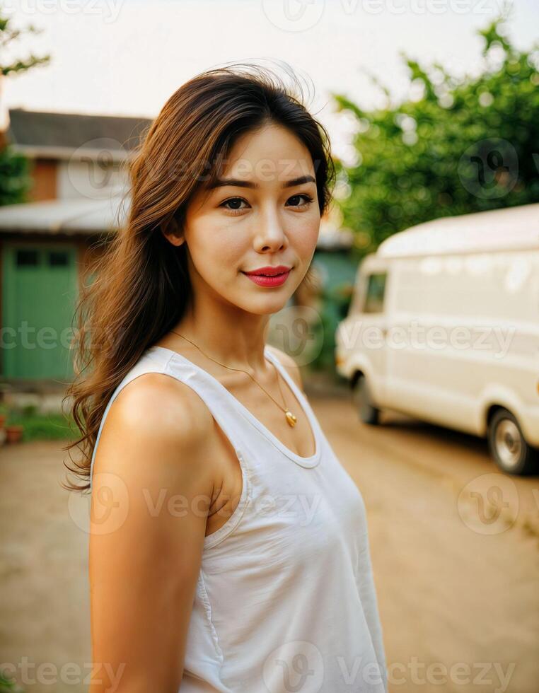 AI generated photo of beautiful asian woman with sunset light near truck, generative AI