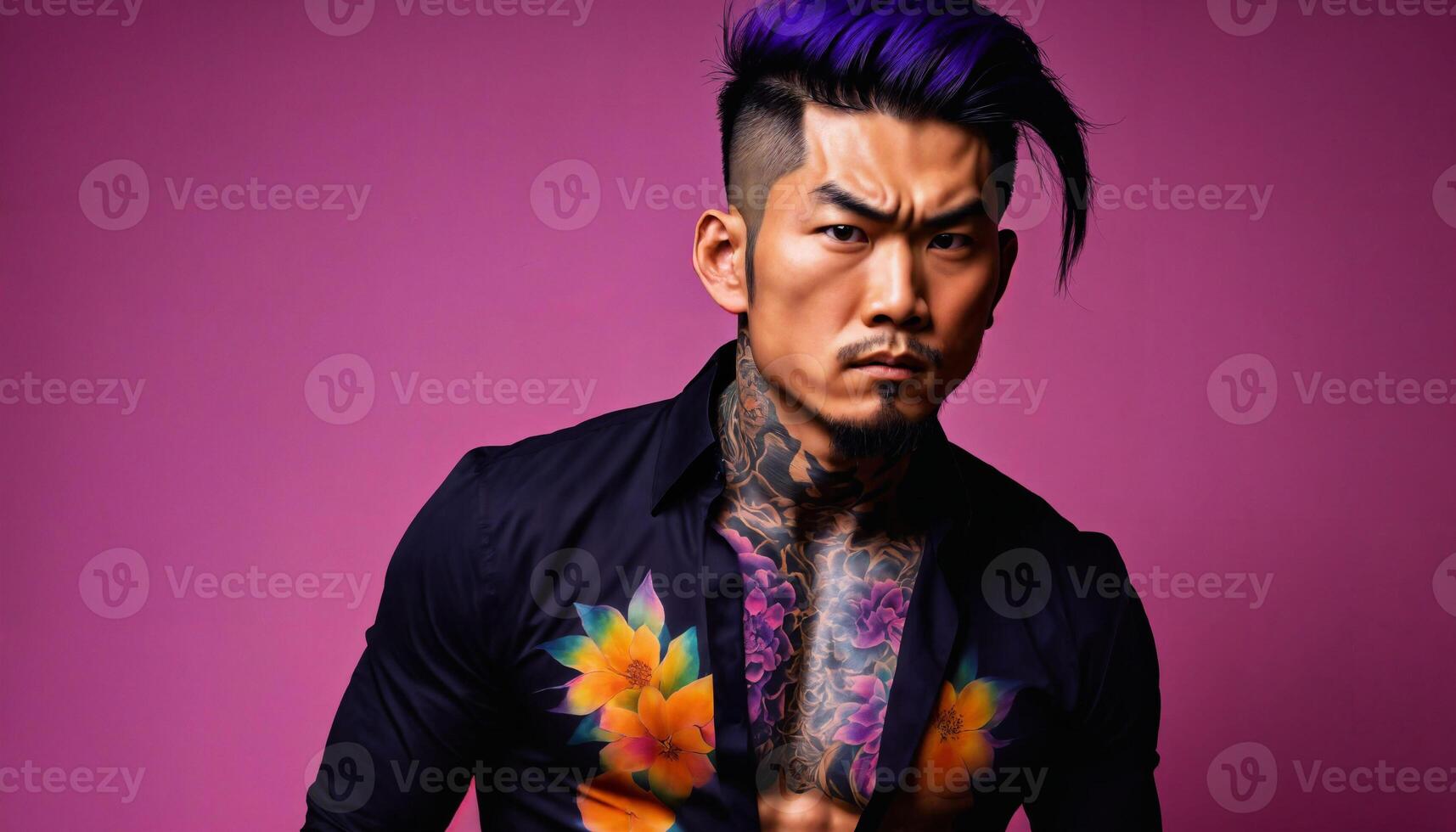 AI generated photo of asian man as a mafia gang member standing against pink background, generative AI
