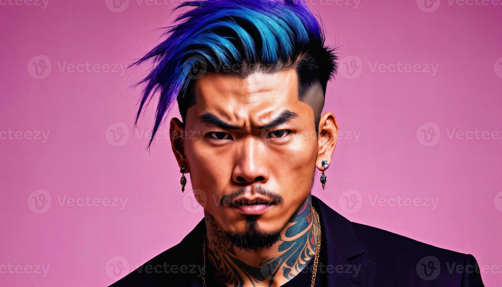 AI generated photo of asian man as a mafia gang member standing against pink background, generative AI