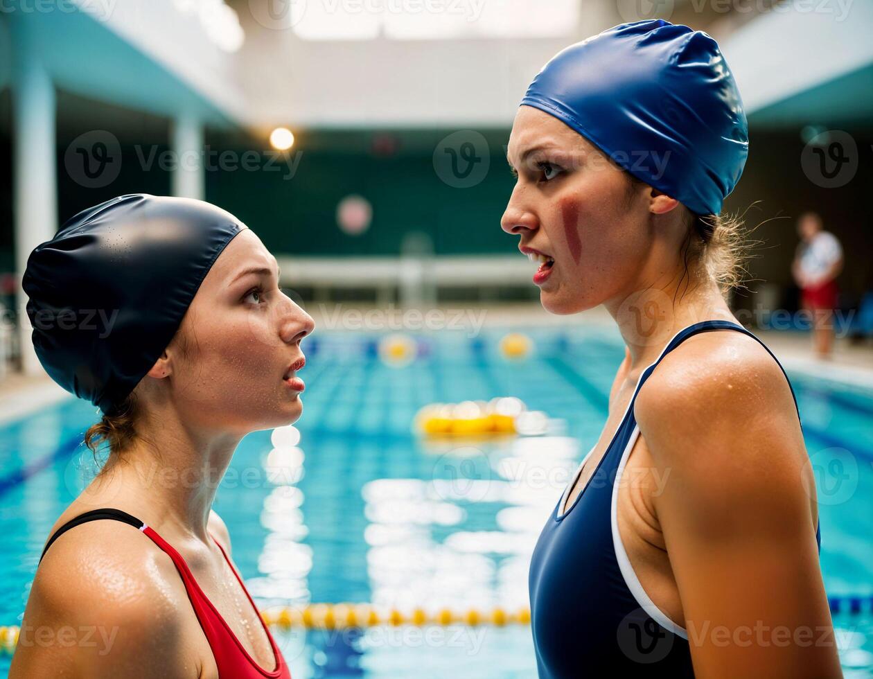 AI generated photo of beautiful angry woman as a swimmer with wound and small blood at the indoor swimming pool, generative AI