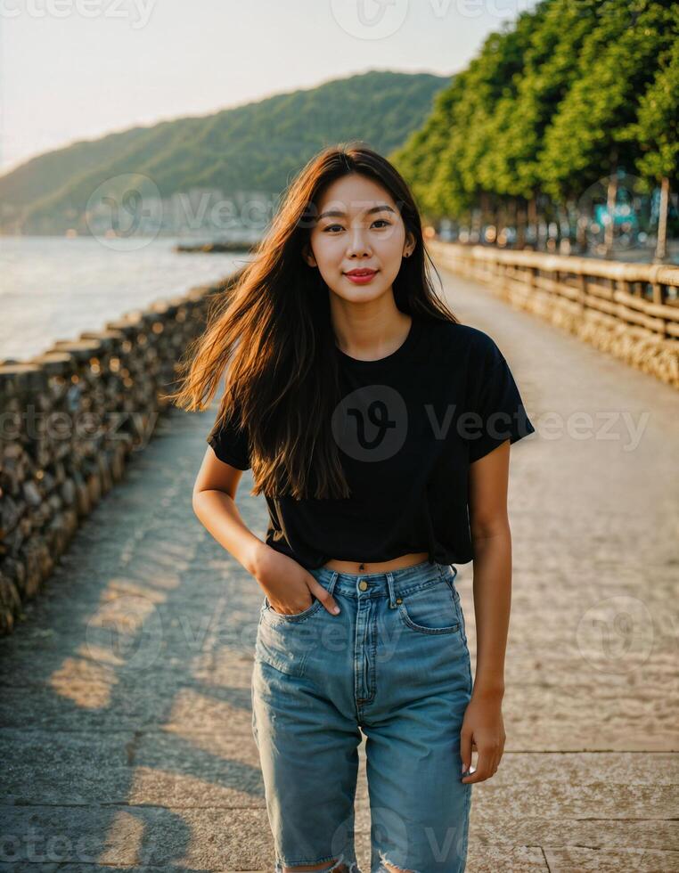 AI generated photo of beautiful asian woman in black top and jeans in fishing village, generative AI