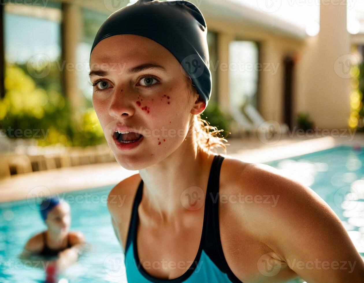 AI generated photo of beautiful angry woman as a swimmer with wound and small blood at the indoor swimming pool, generative AI