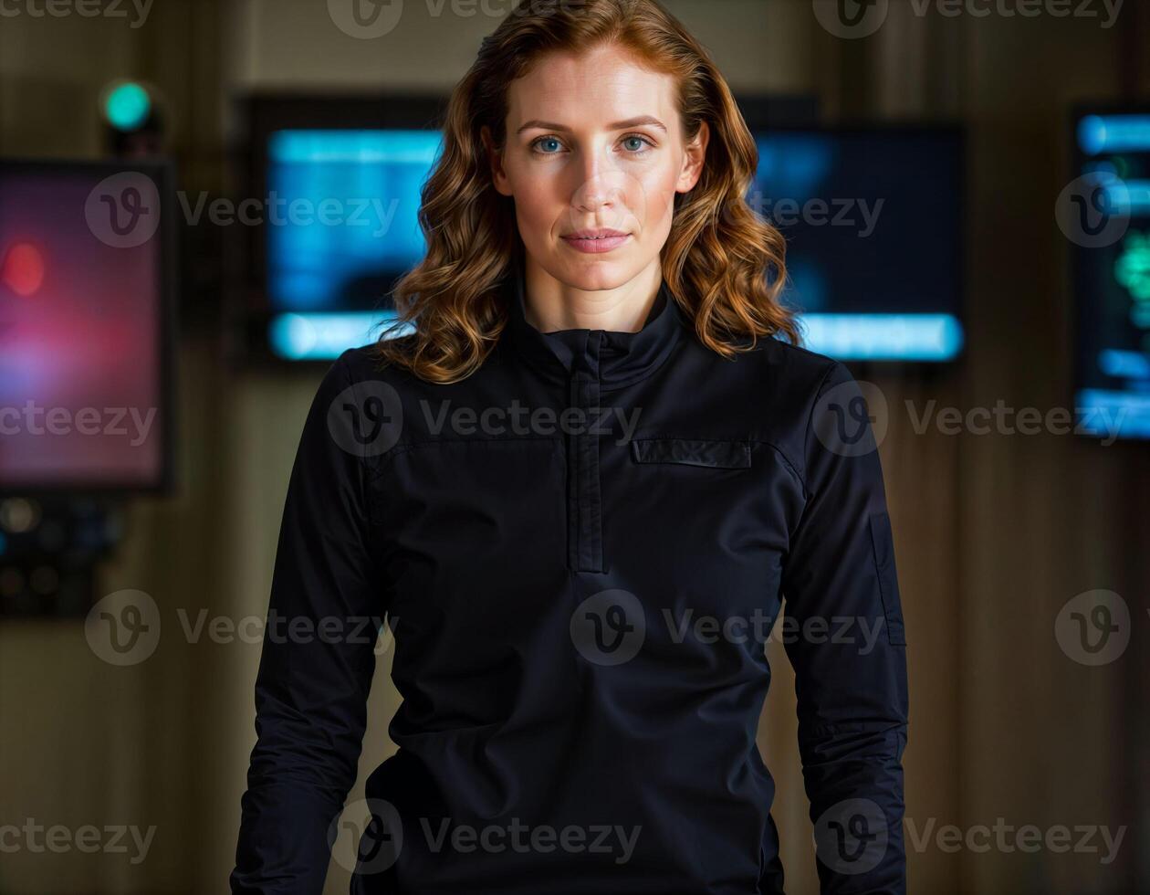 AI generated photo of beautiful woman as a commander agent wearing black long sleeve shirt and tactical pant with monitor and screen in control command room, generative AI