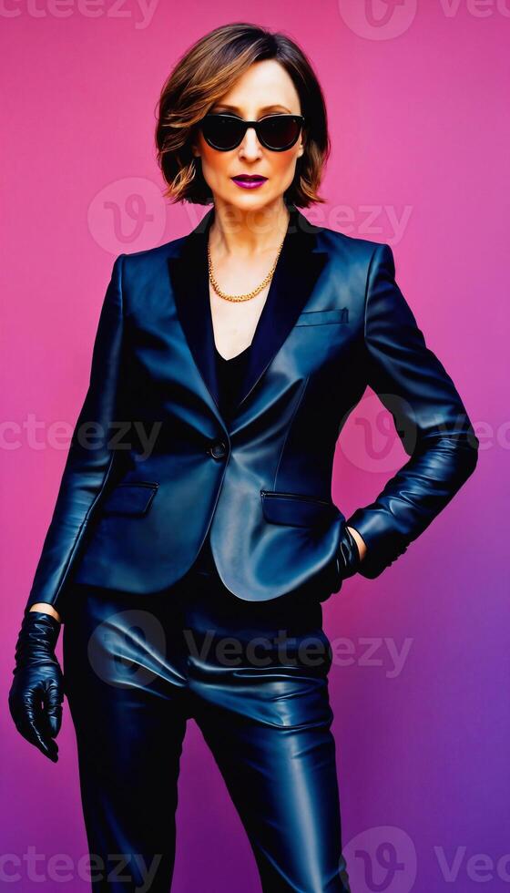 AI generated photo of middle aged woman with glasses and leather suit jacket standing against pink background, generative AI