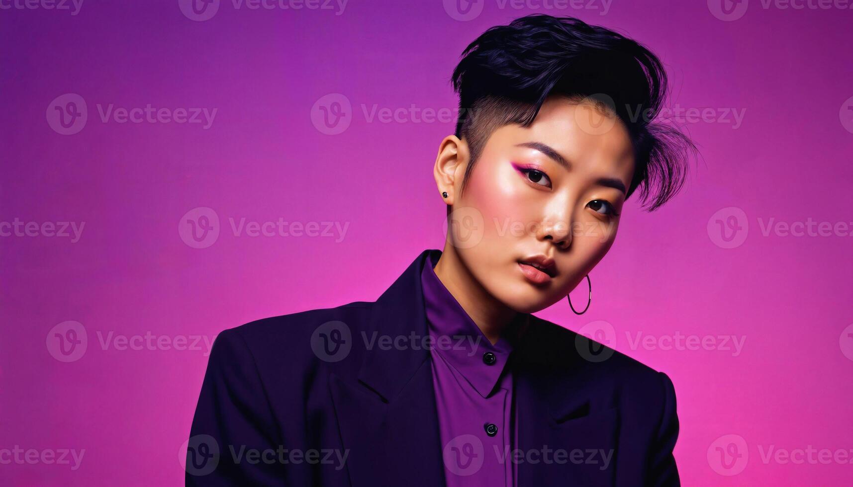 AI generated photo of asian woman as a mafia gang member standing against pink background, generative AI