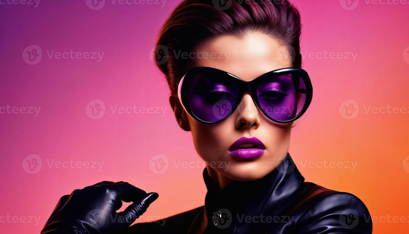 AI generated photo of middle aged woman with glasses standing against pink background, generative AI