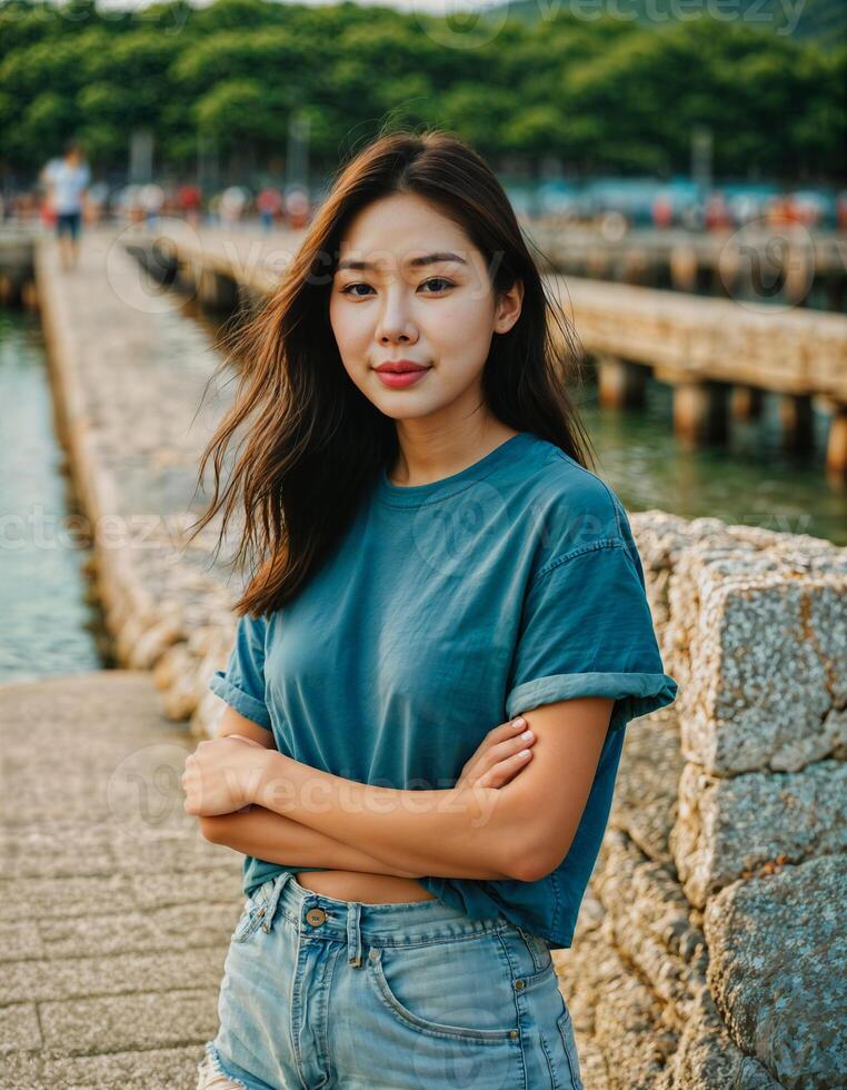 AI generated photo of beautiful asian woman in black top and jeans in fishing village, generative AI