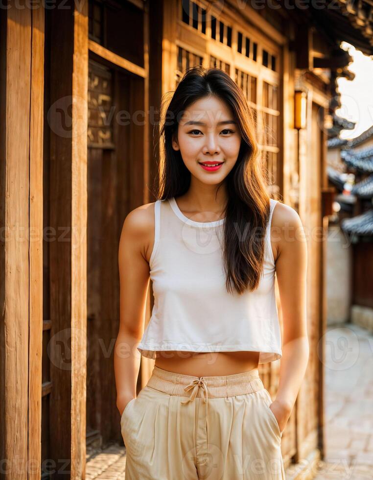 AI generated photo of beautiful asian woman with in traditional local house building, generative AI