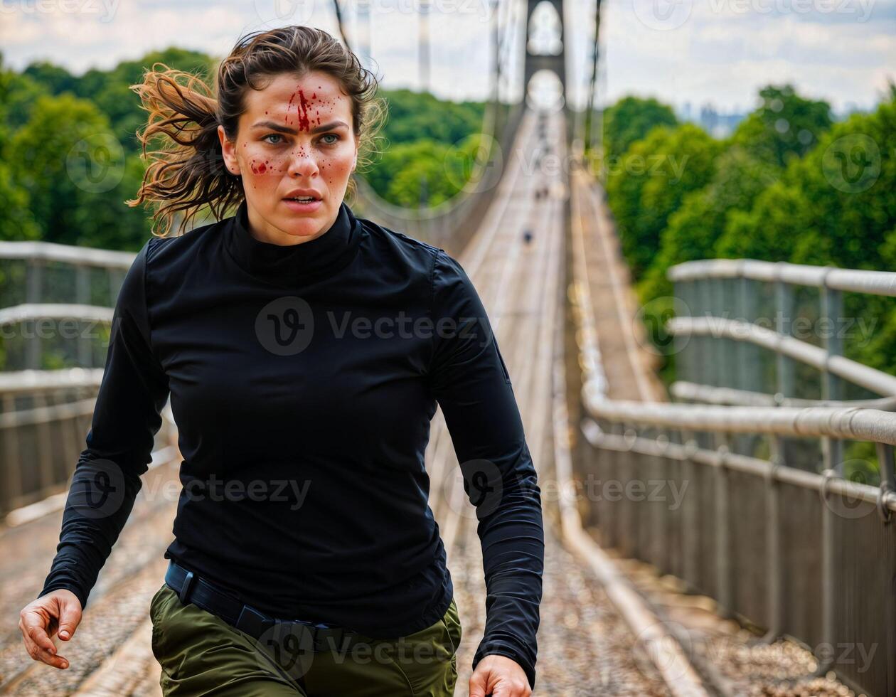 AI generated photo of beautiful woman as a undercover agent wearing black long sleeve shirt and tactical pant running in danger scene, generative AI