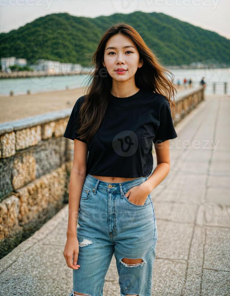 AI generated photo of beautiful asian woman in black top and jeans in fishing village, generative AI