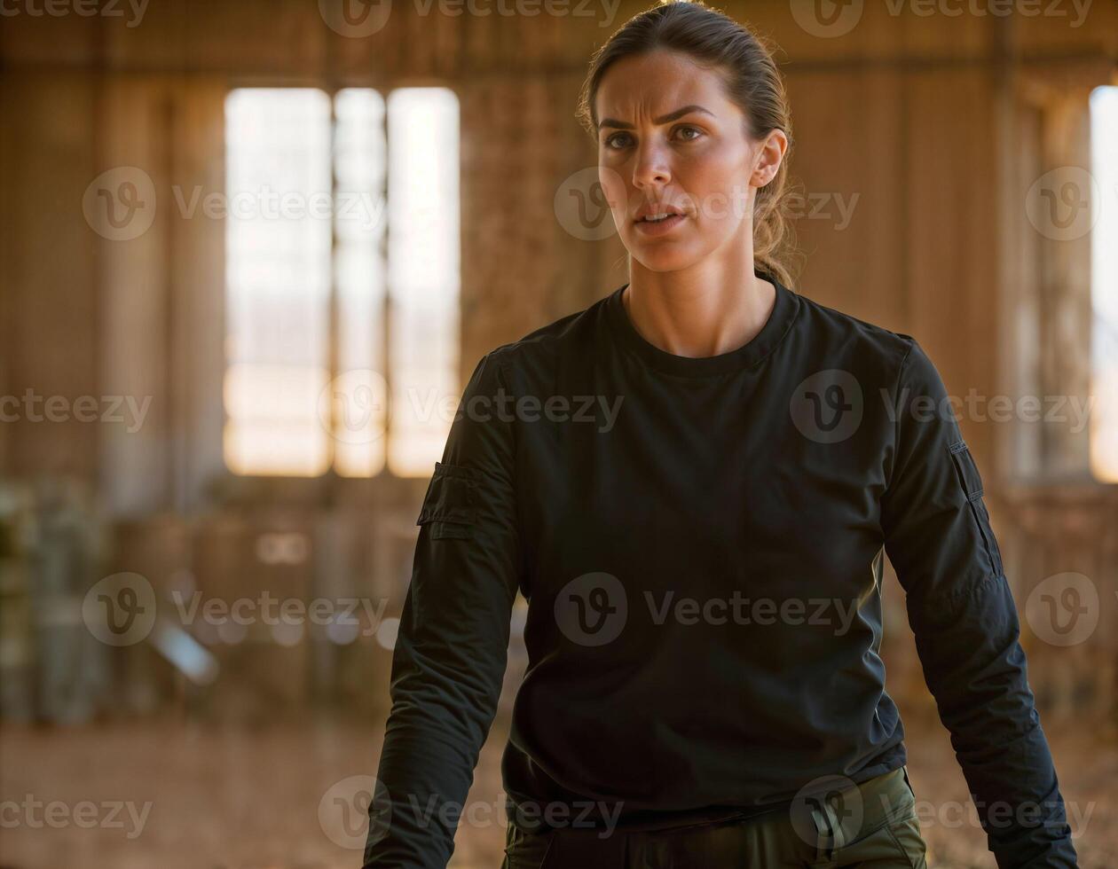 AI generated photo of beautiful woman as a undercover agent wearing black long sleeve shirt and tactical pant, generative AI