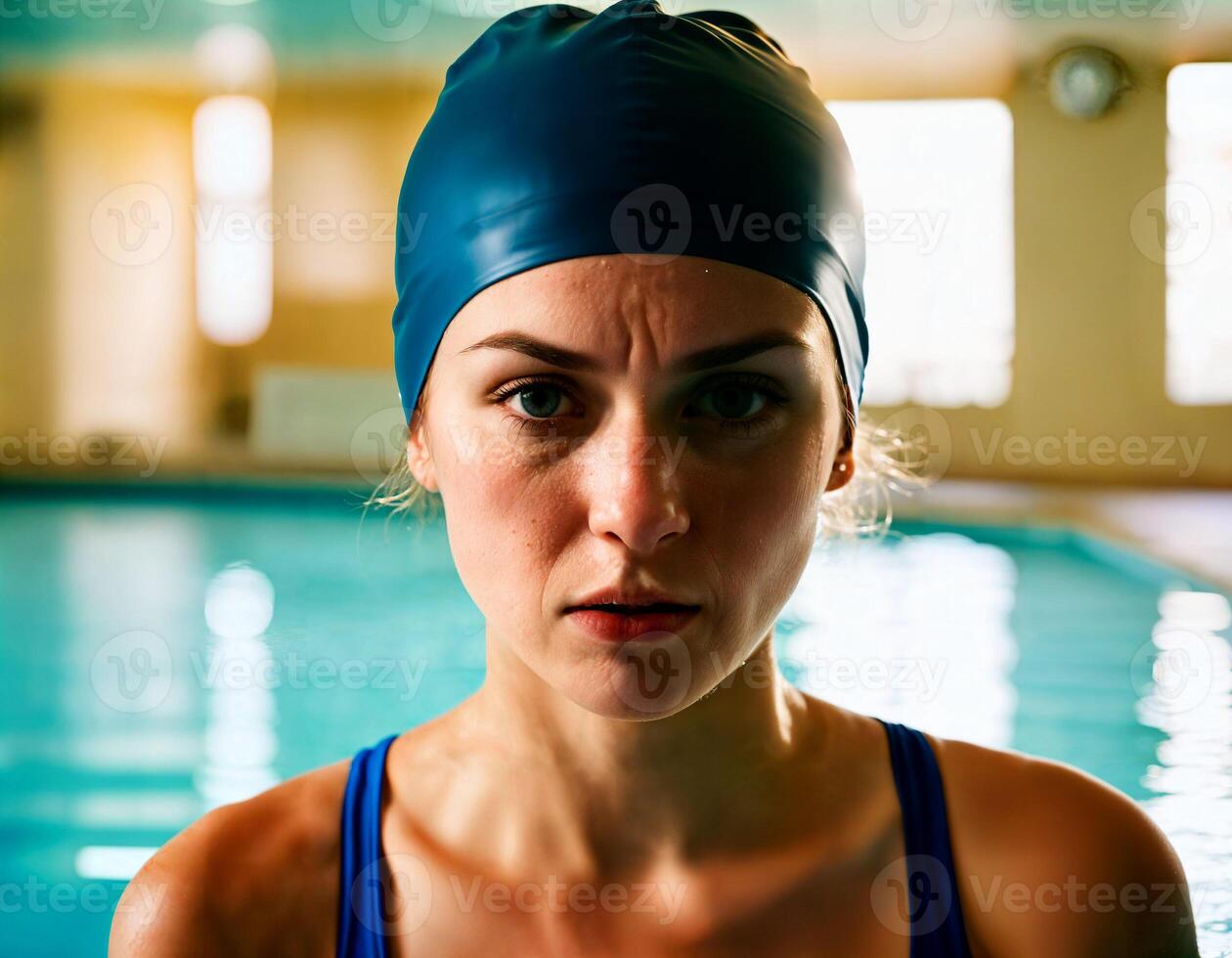 AI generated photo of beautiful angry woman as a swimmer with wound and small blood at the indoor swimming pool, generative AI