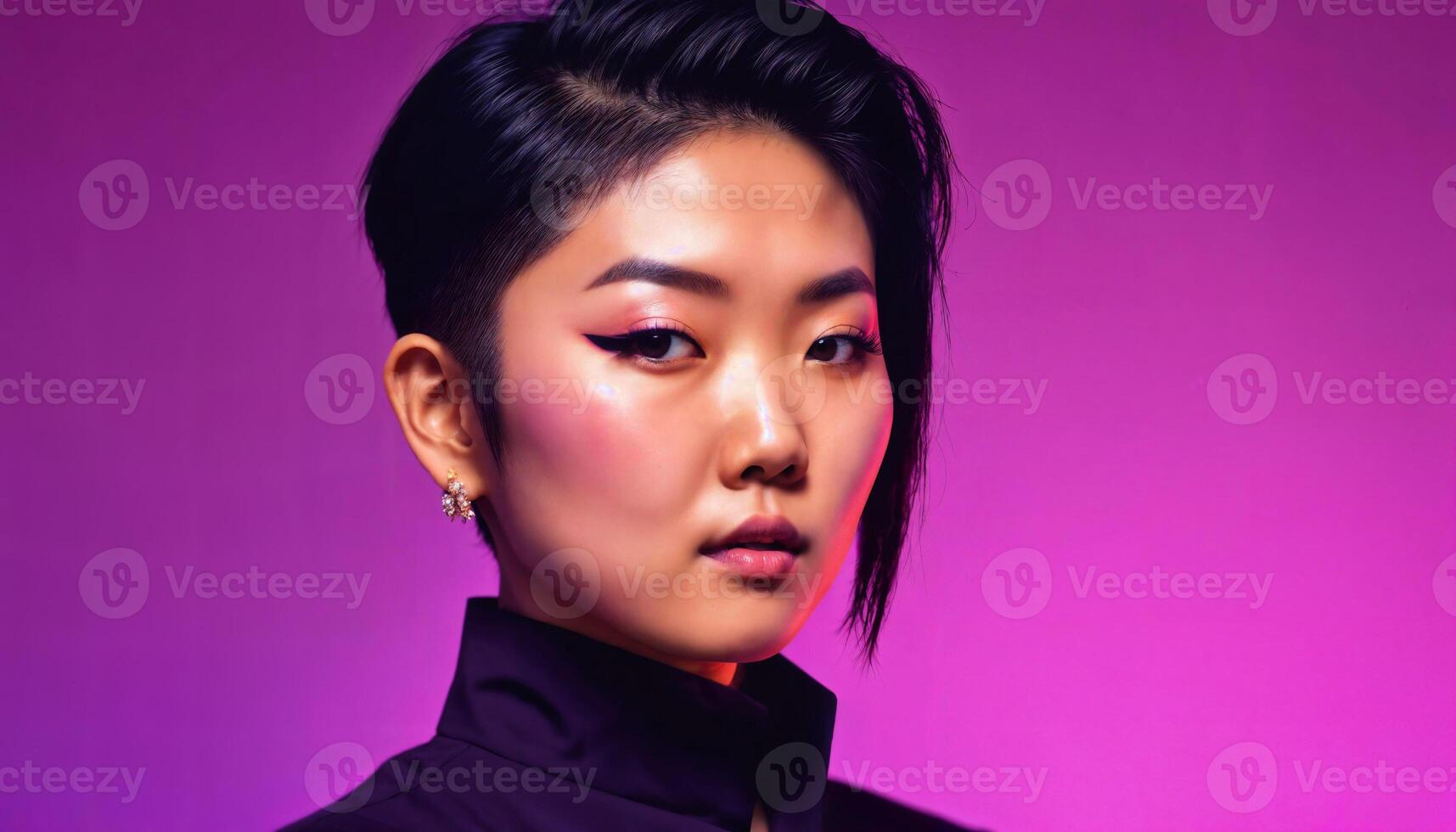 AI generated photo of asian woman as a mafia gang member standing against pink background, generative AI