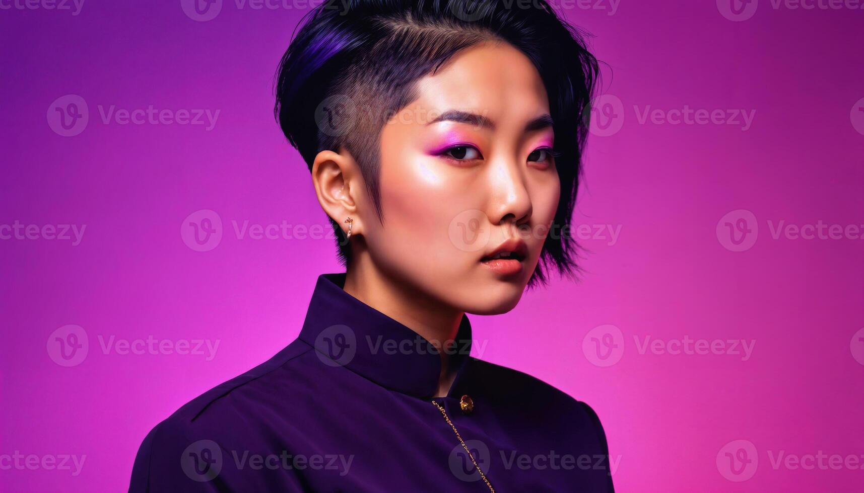 AI generated photo of asian woman as a mafia gang member standing against pink background, generative AI