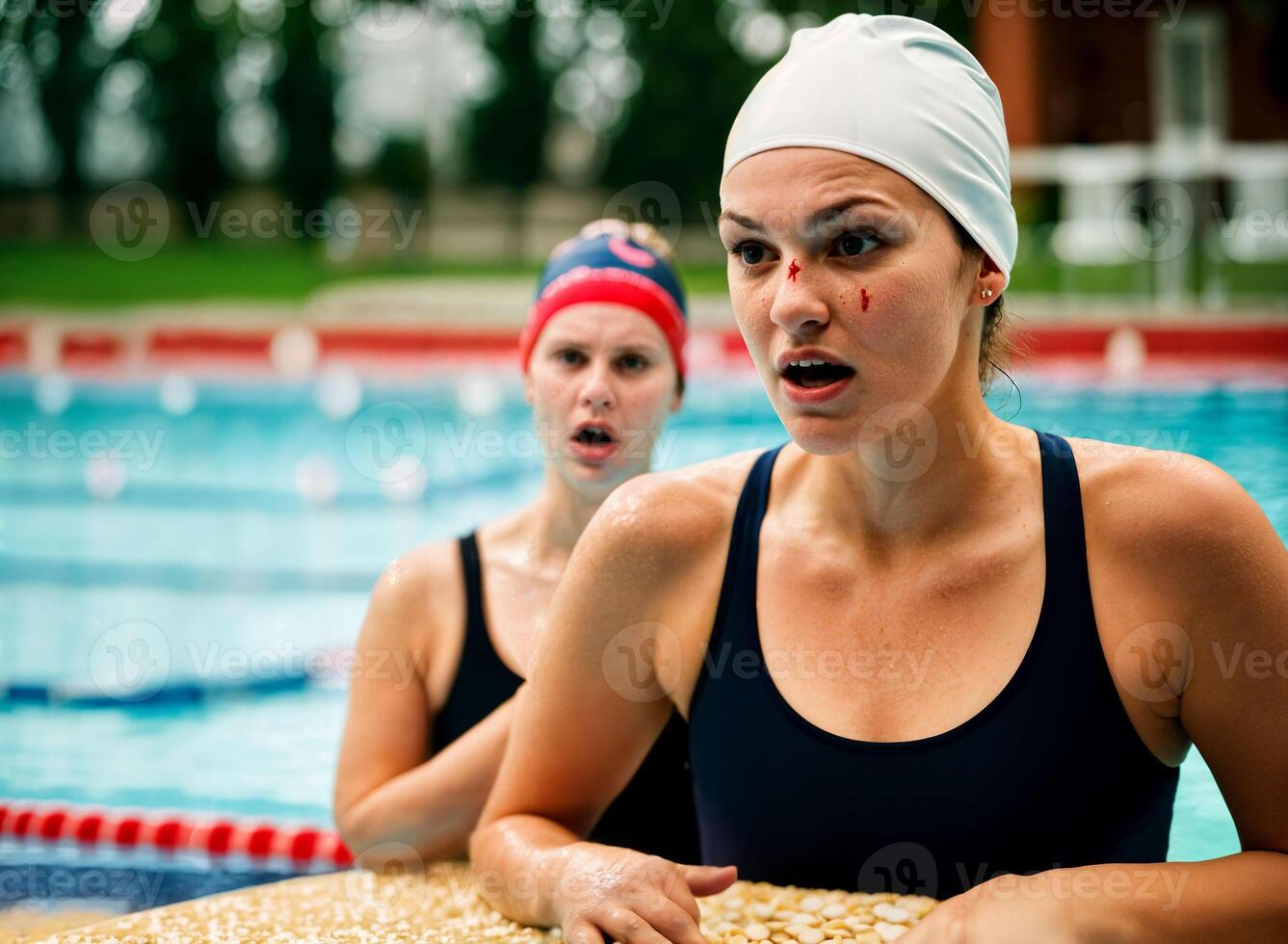 AI generated photo of beautiful angry woman as a swimmer with wound and small blood at the indoor swimming pool, generative AI