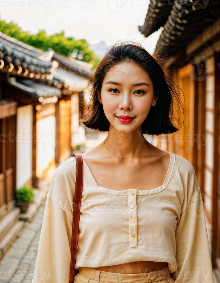 AI generated photo of beautiful asian woman with in traditional local house building, generative AI