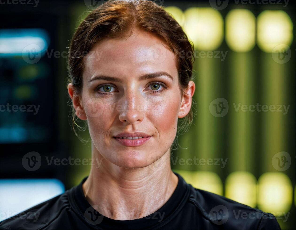 AI generated photo of beautiful woman as a commander agent wearing black long sleeve shirt and tactical pant with monitor and screen in control command room, generative AI