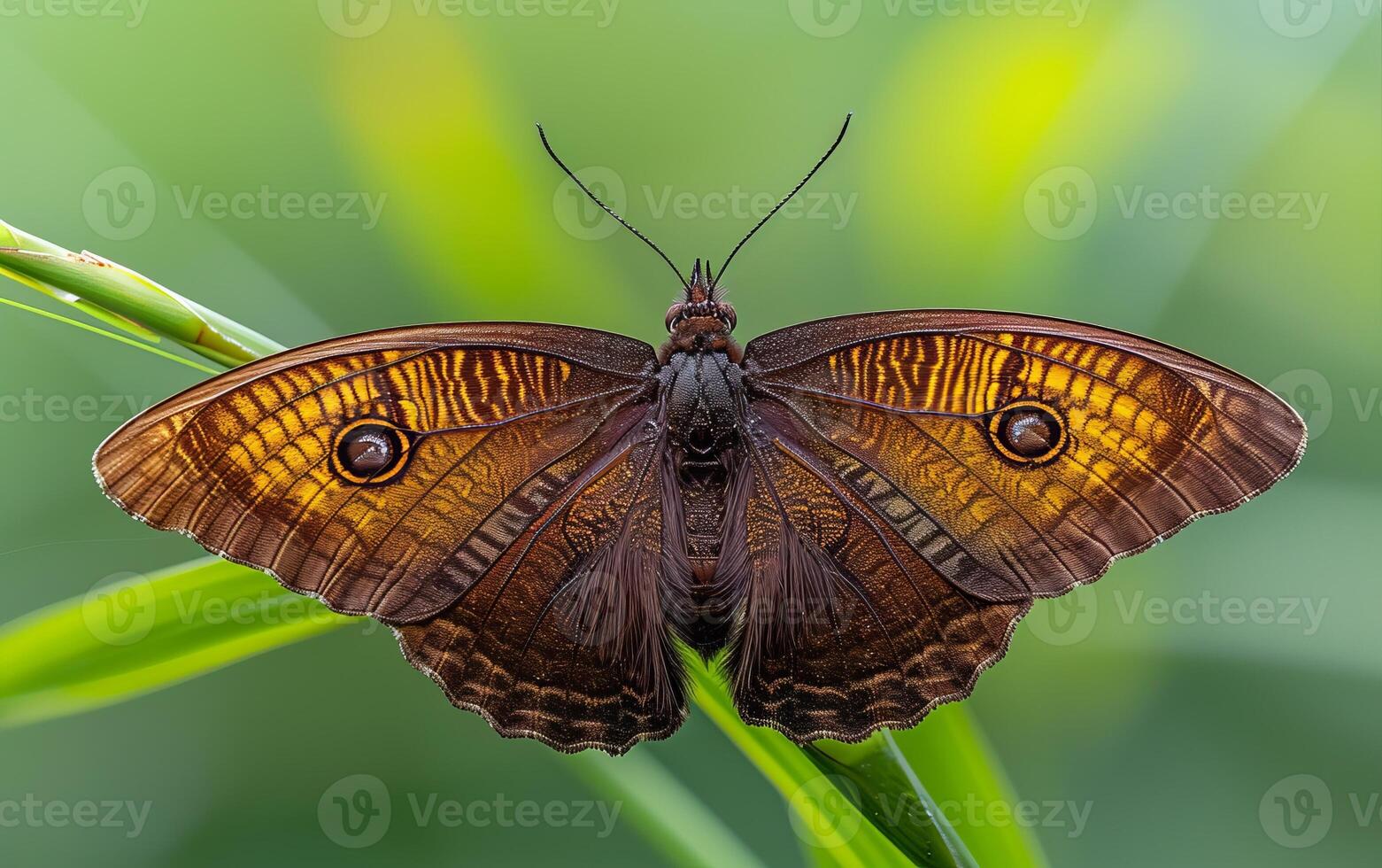 AI generated Noble dark brown butterfly featuring hypnotic eye patterns on its wings, sitting elegantly atop a verdant grass blade photo