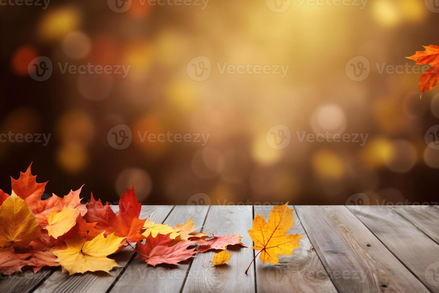 AI generated Autumn leaves on wooden table against wooden planks with copy space photo