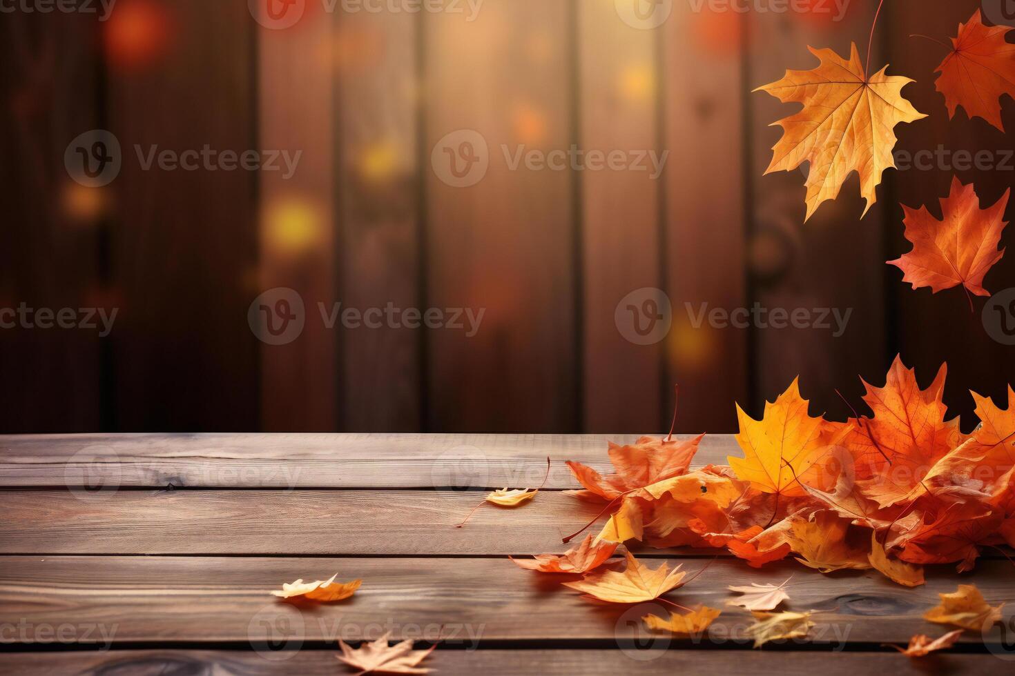 AI generated Autumn leaves on wooden table against wooden planks with copy space photo