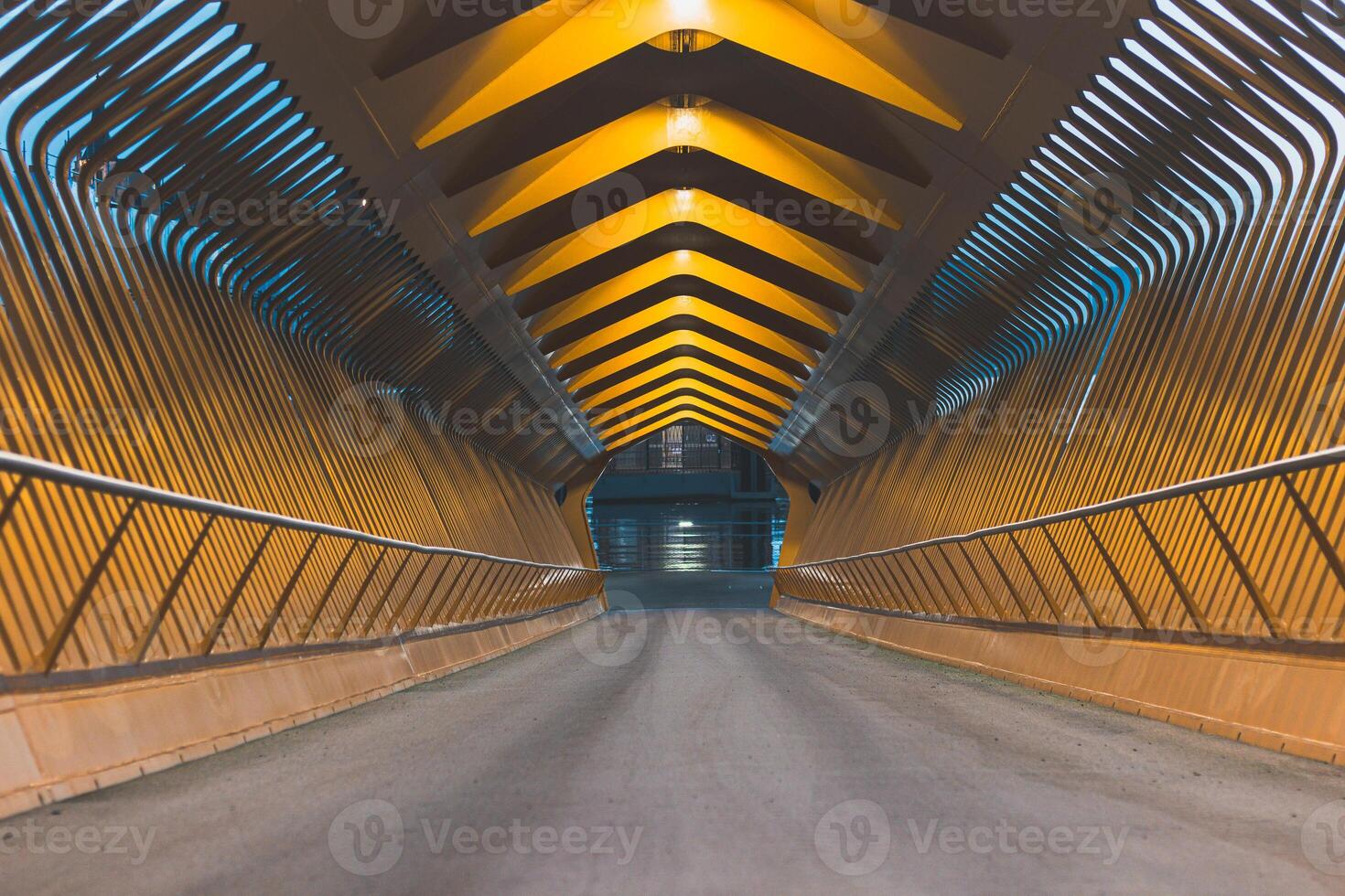 Architectural gem in the form of a pedestrian boat tunnel in the port of Antwerp, western Belgium. Yellow beams forming a ribbed roof photo