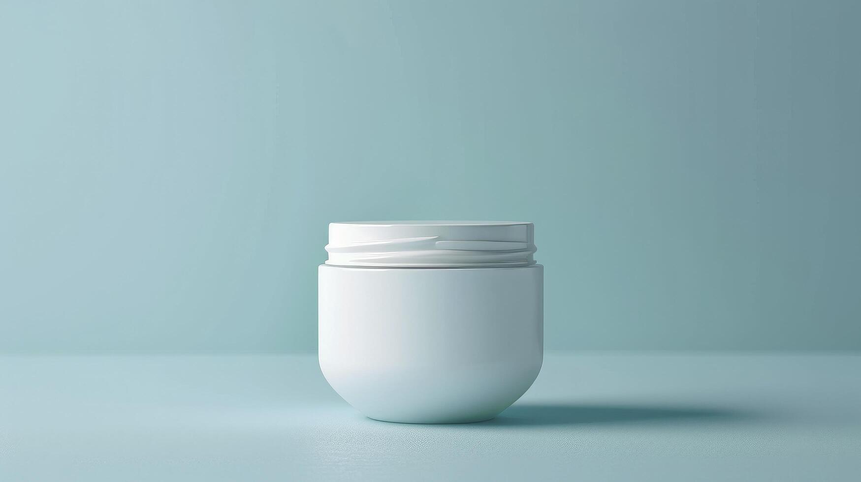 AI generated Front view, blank label, mockup concept, no text, no logo, natural daylight, photo of a A white Cosmetic jar with a simple white label on a soft blue