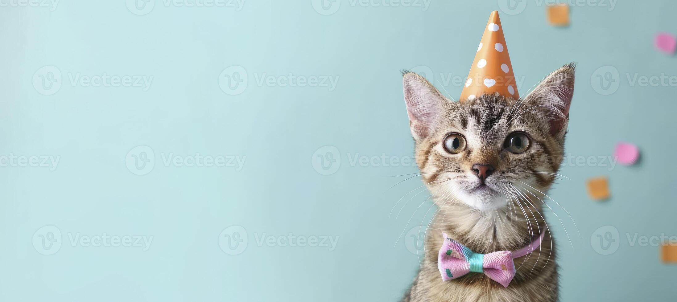 ai generado celebracion, contento cumpleaños, Sylvester nuevo años víspera fiesta, gracioso animal saludo tarjeta - linda pequeño gato mascota con fiesta sombrero y arco Corbata en azul pared antecedentes textura foto